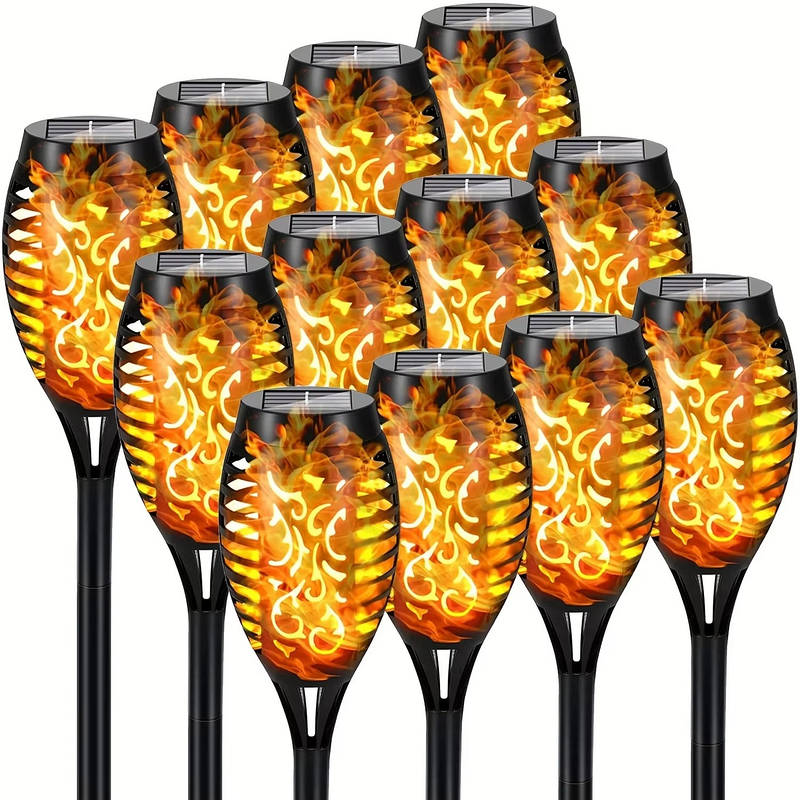 Solar Tiki Torch Lights with Flickering Flame Effect and Auto Sensor, 12 Pack