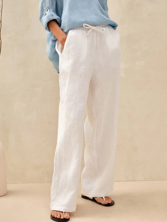 Women's Wide Leg Linen Pants with Elastic Drawstring and Side Pockets
