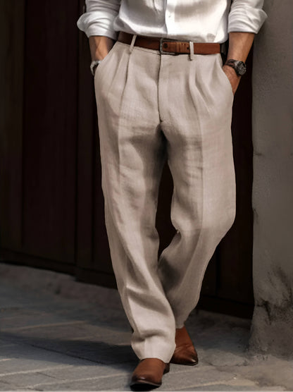 Men's Cotton Linen Blend Pants with Pleated Front and Elastic Waist