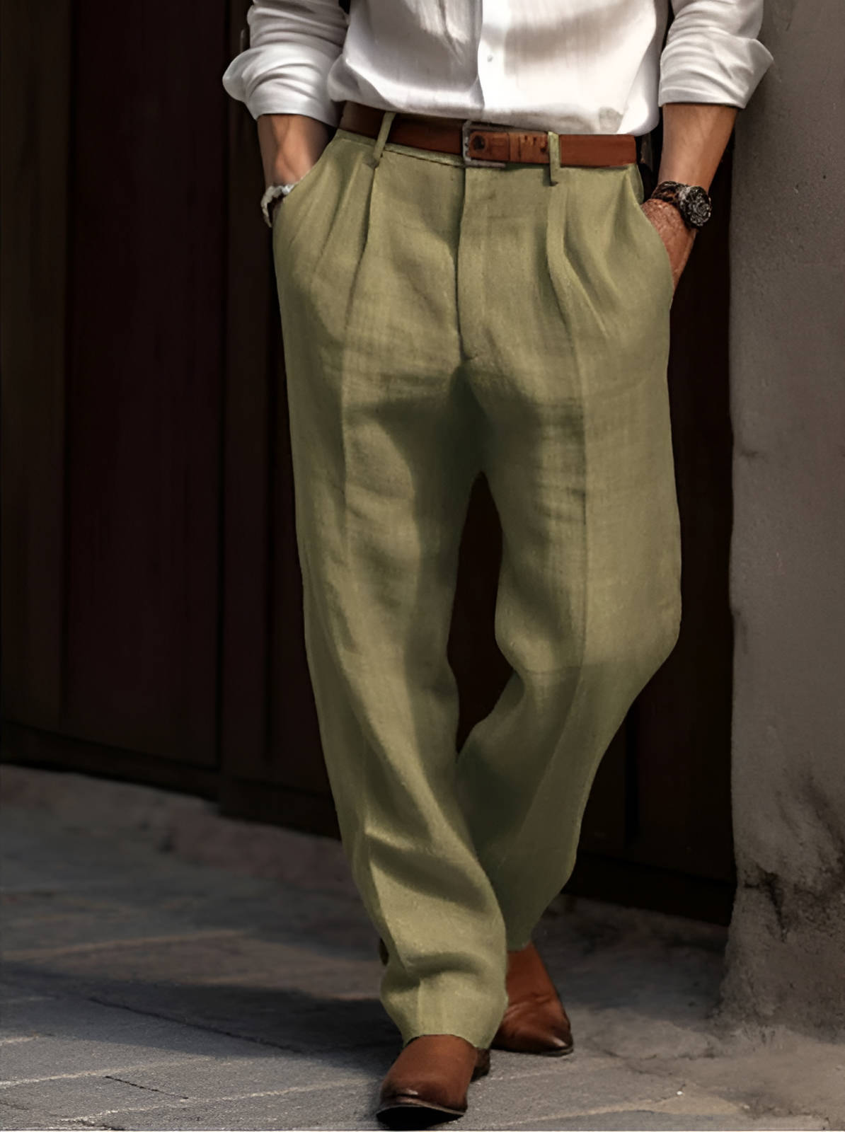 Men's Cotton Linen Blend Pants with Pleated Front and Elastic Waist