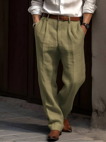 Men's Cotton Linen Blend Pants with Pleated Front and Elastic Waist