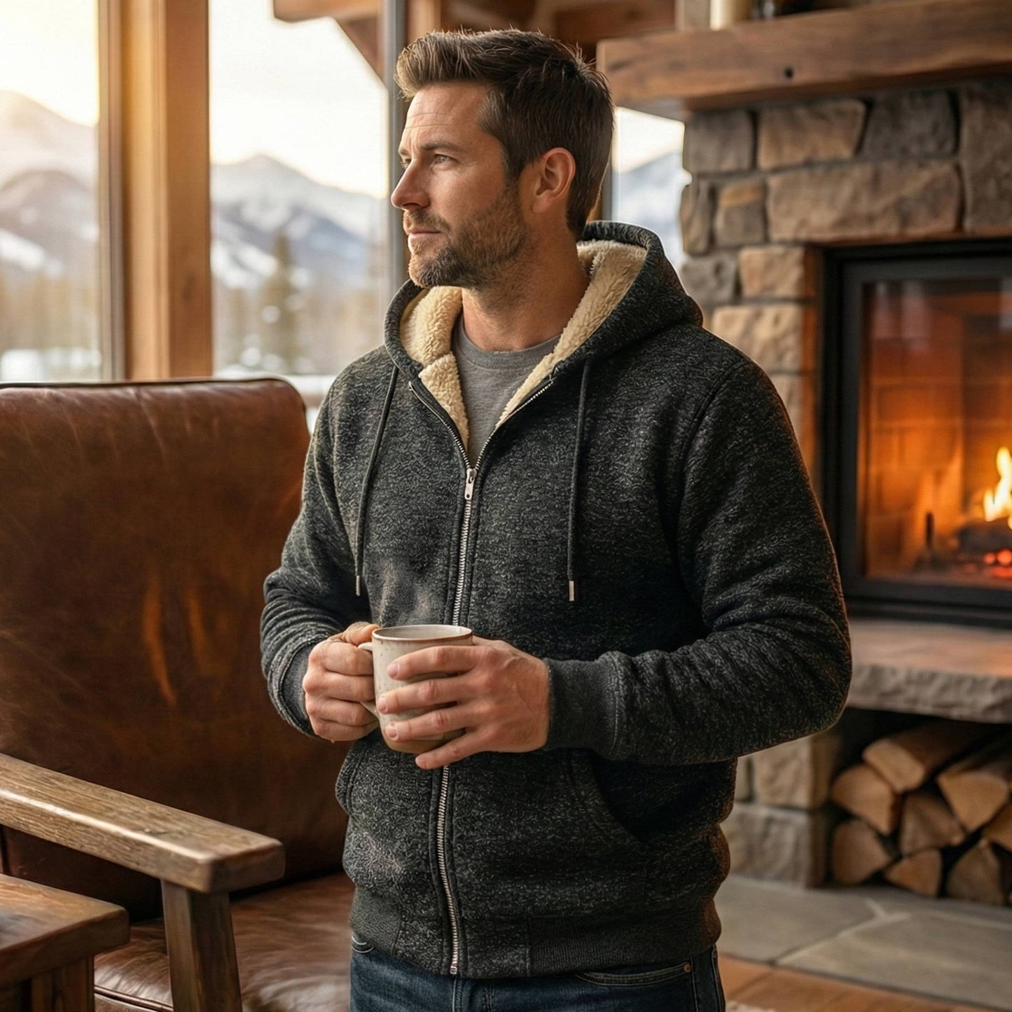 Men’s Sherpa Fleece Hoodie with Full Zip