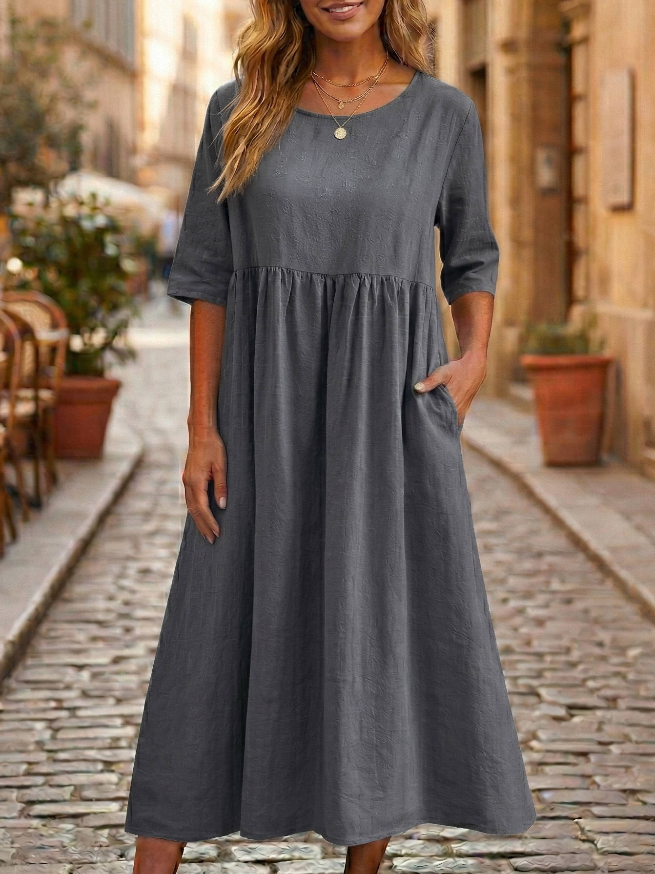 Linen A-Line Midi Dress with Three Quarter Sleeves and Side Pockets