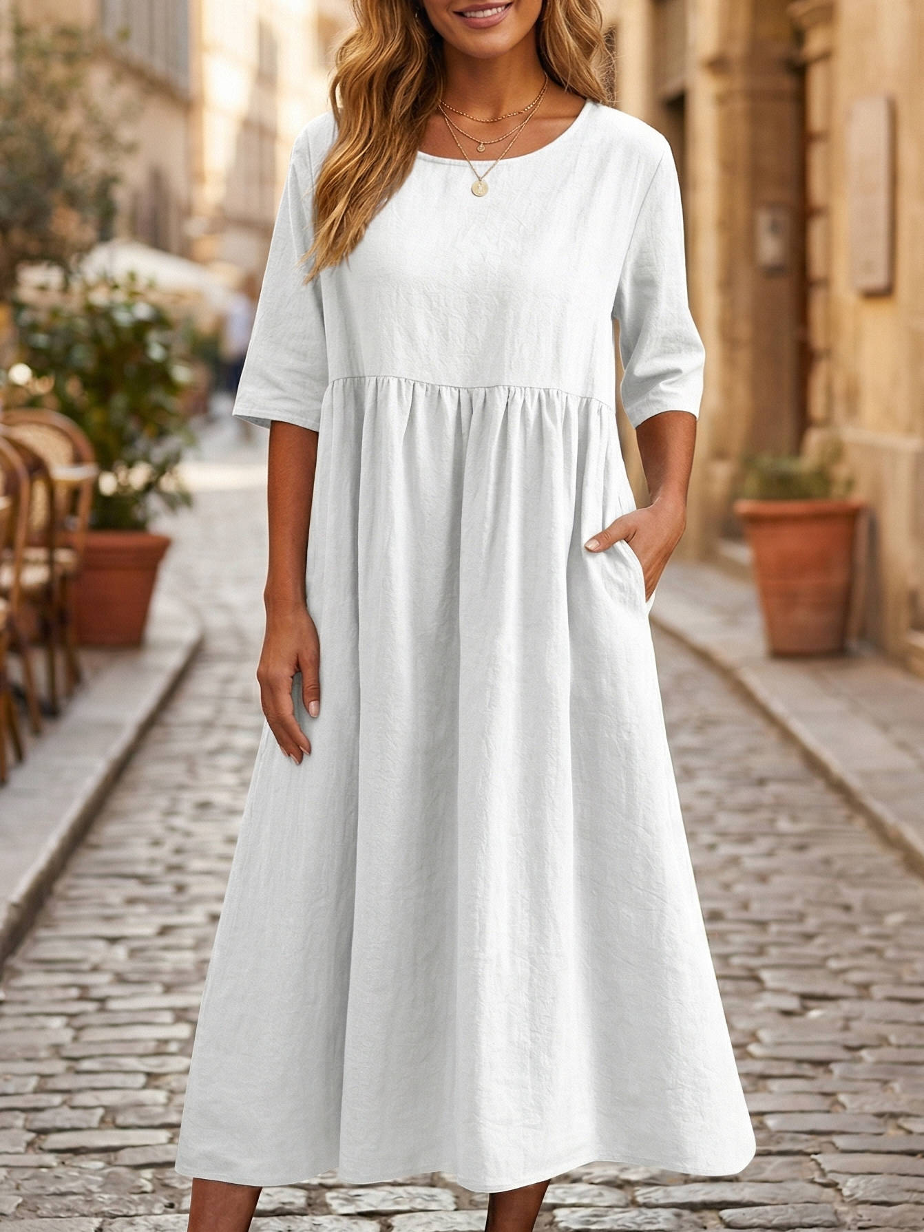 Linen A-Line Midi Dress with Three Quarter Sleeves and Side Pockets