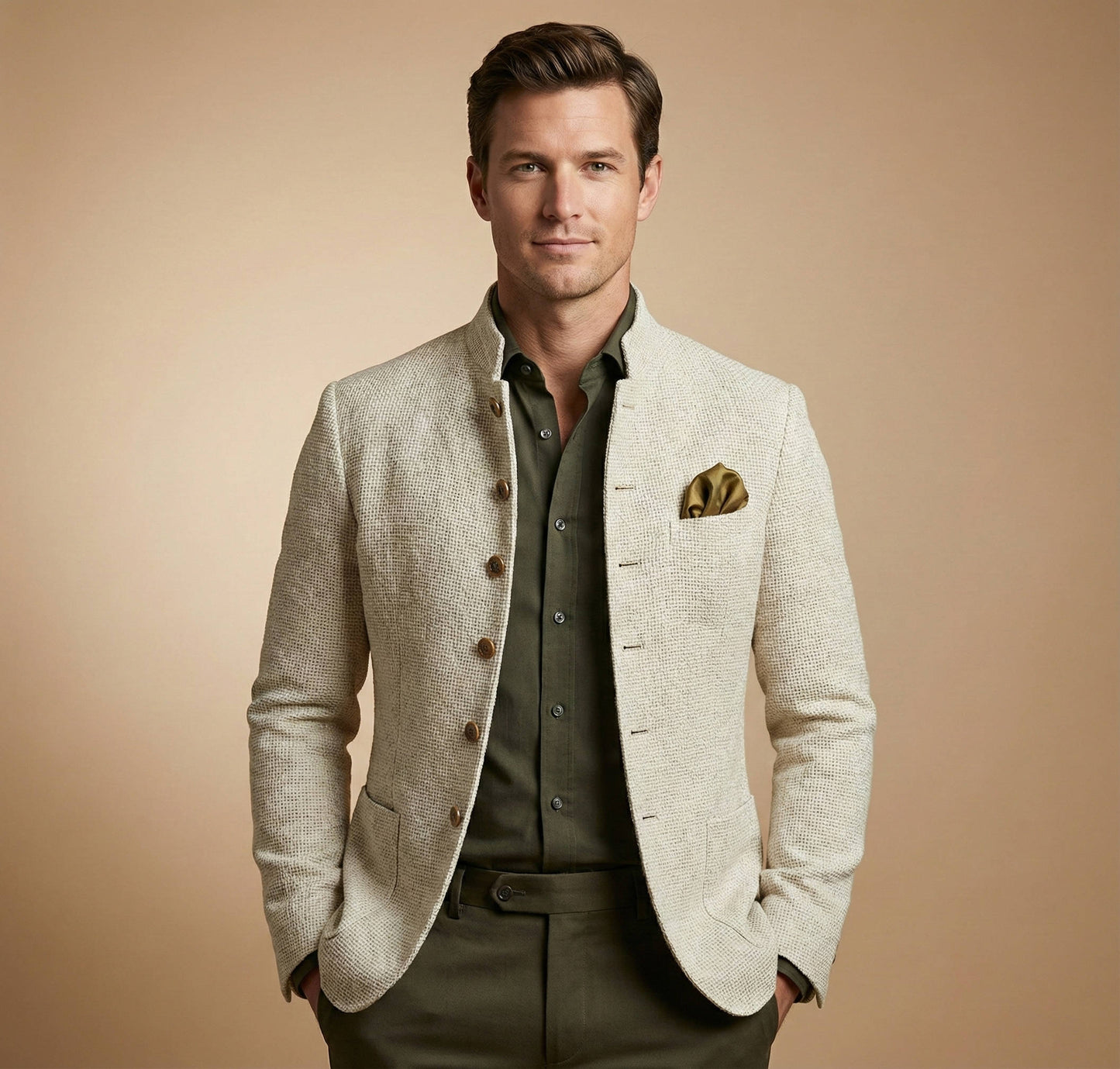 Tweed Jacket for Men with Stand Collar and Single Breasted Button, Regular Fit