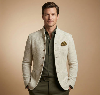 Tweed Jacket for Men with Stand Collar and Single Breasted Button, Regular Fit