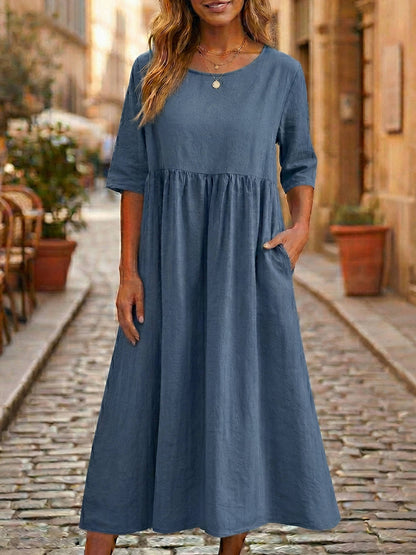 Linen A-Line Midi Dress with Three Quarter Sleeves and Side Pockets