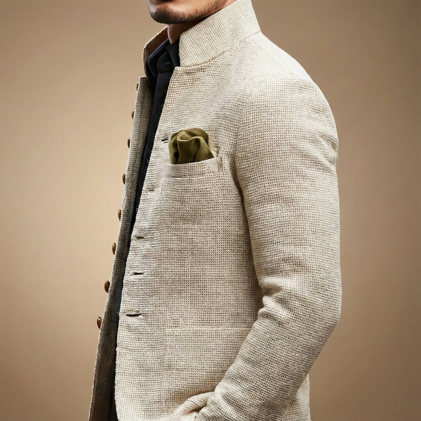 Tweed Jacket for Men with Stand Collar and Single Breasted Button, Regular Fit