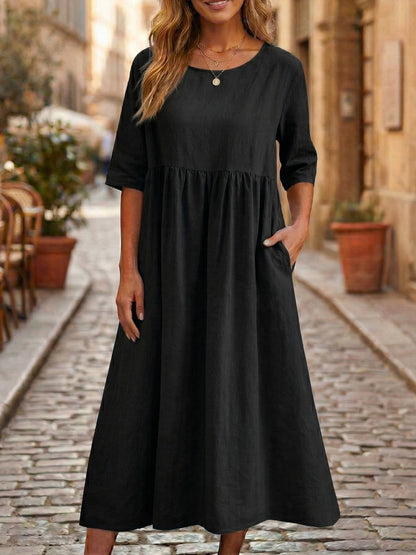 Linen A-Line Midi Dress with Three Quarter Sleeves and Side Pockets