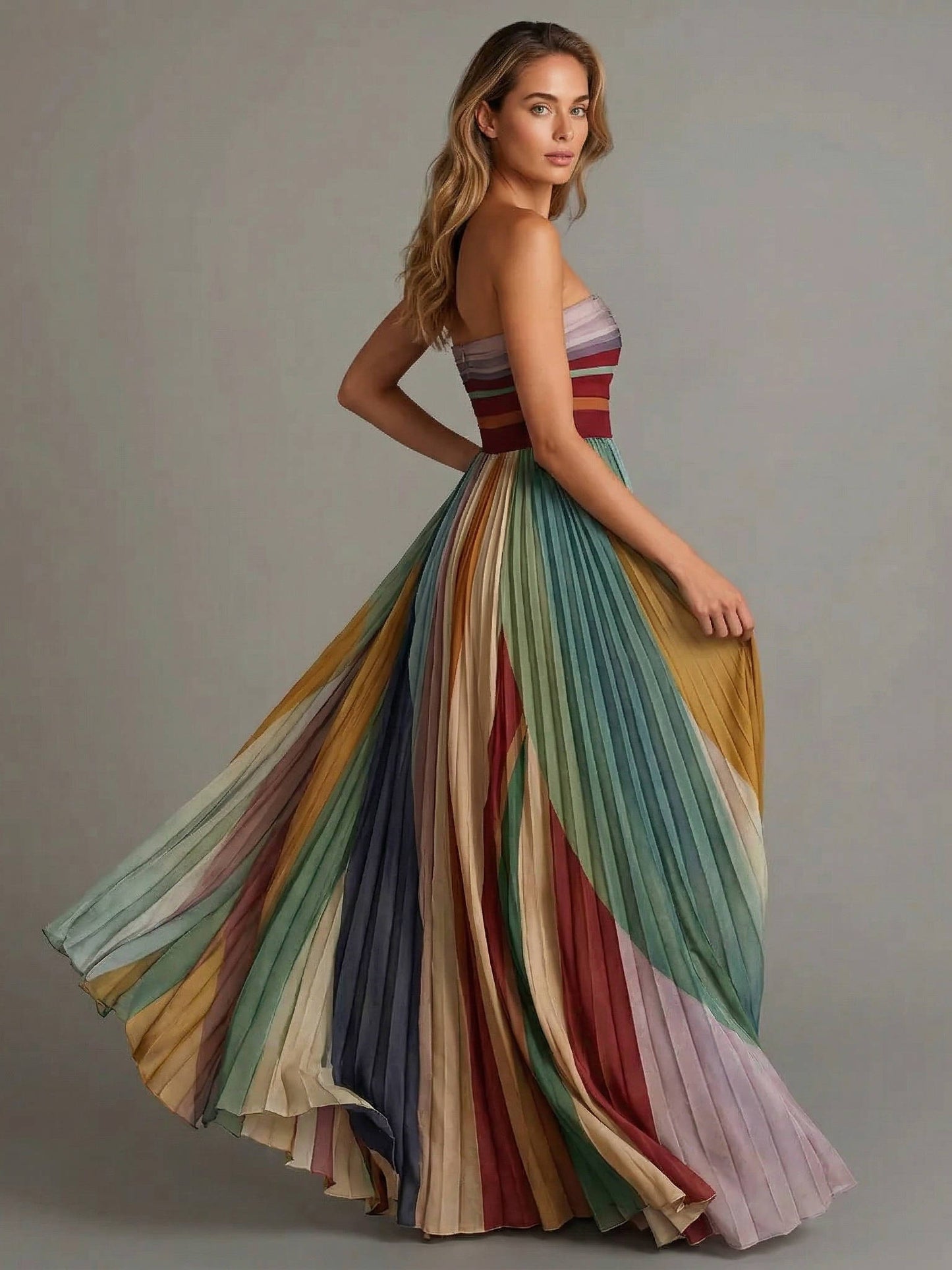 Floor Length Pleated Chiffon Dress with Internal Boning Support