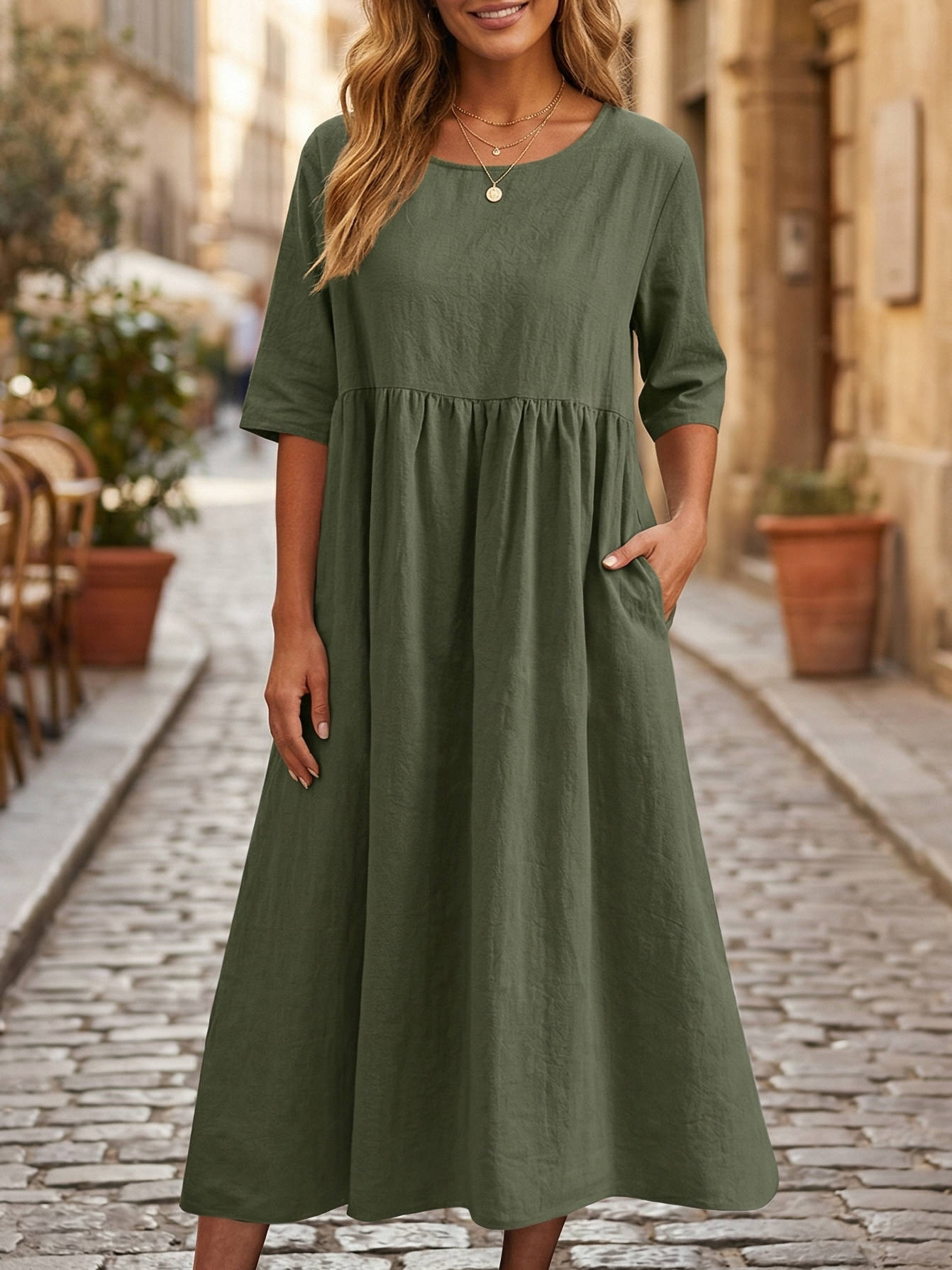 Linen A-Line Midi Dress with Three Quarter Sleeves and Side Pockets