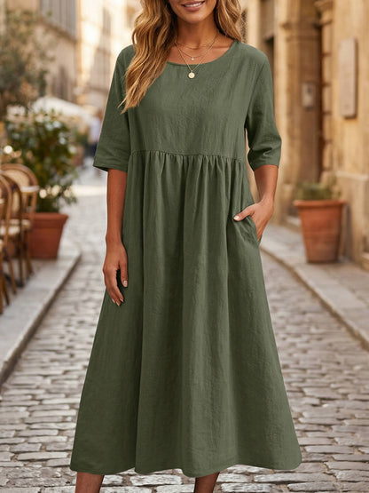 Linen A-Line Midi Dress with Three Quarter Sleeves and Side Pockets