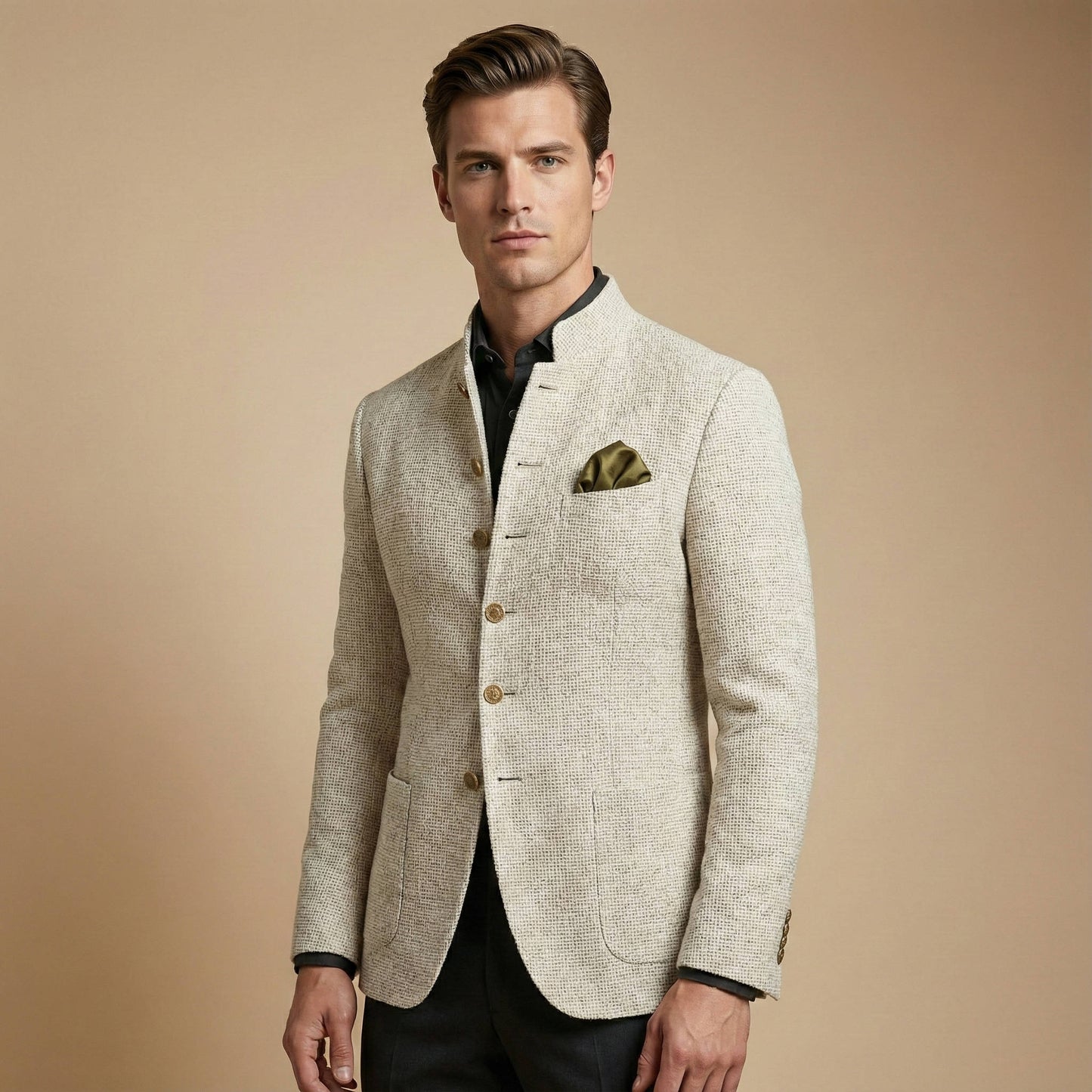 Tweed Jacket for Men with Stand Collar and Single Breasted Button, Regular Fit