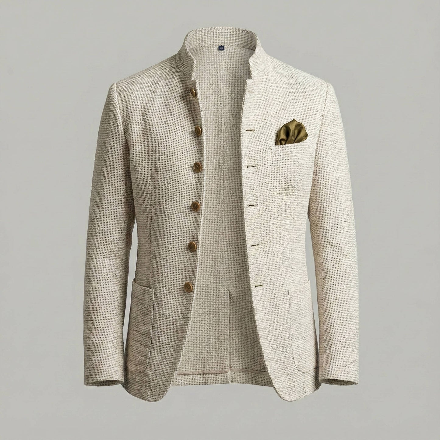 Tweed Jacket for Men with Stand Collar and Single Breasted Button, Regular Fit