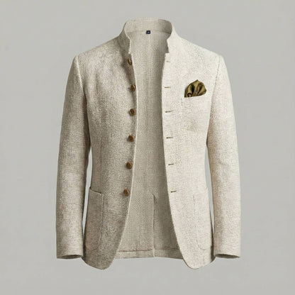 Tweed Jacket for Men with Stand Collar and Single Breasted Button, Regular Fit