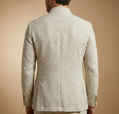 Tweed Jacket for Men with Stand Collar and Single Breasted Button, Regular Fit