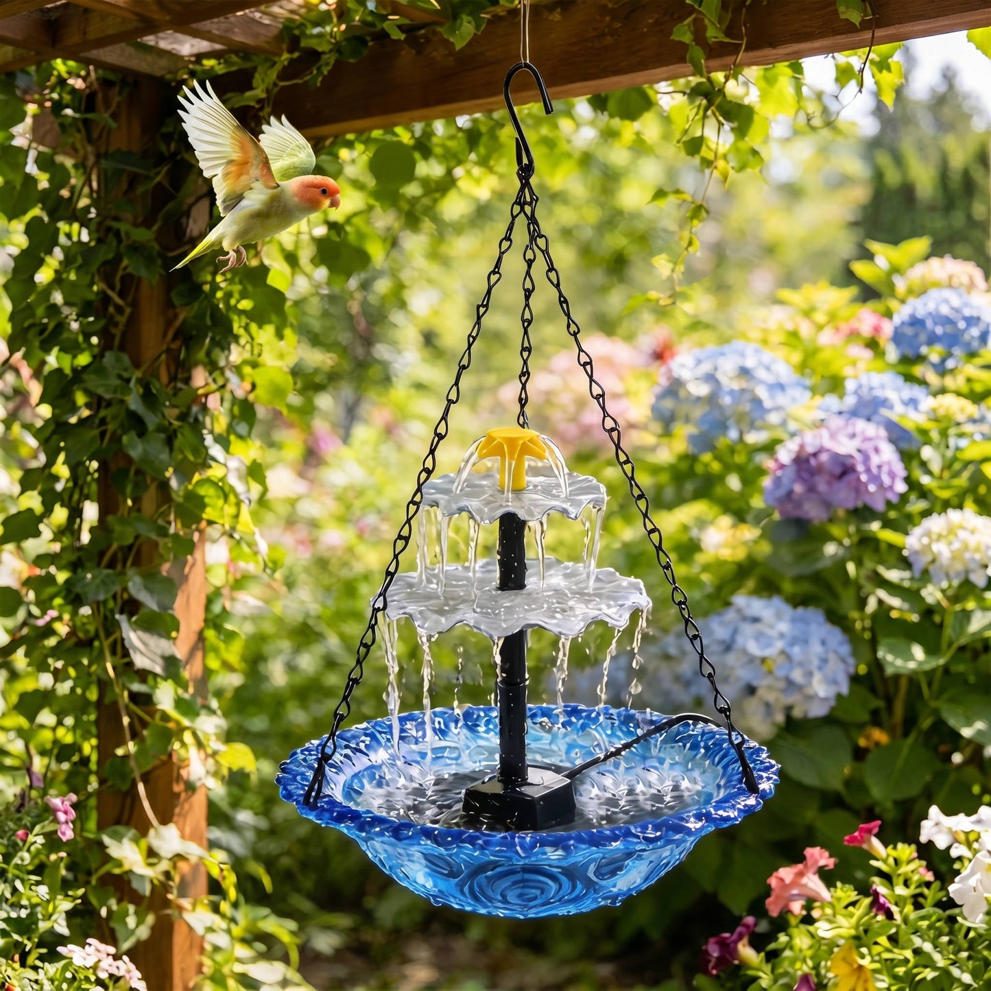 Solar Bird Bath Fountain with Two-Tier Cascade and Hanging Chains for Gardens
