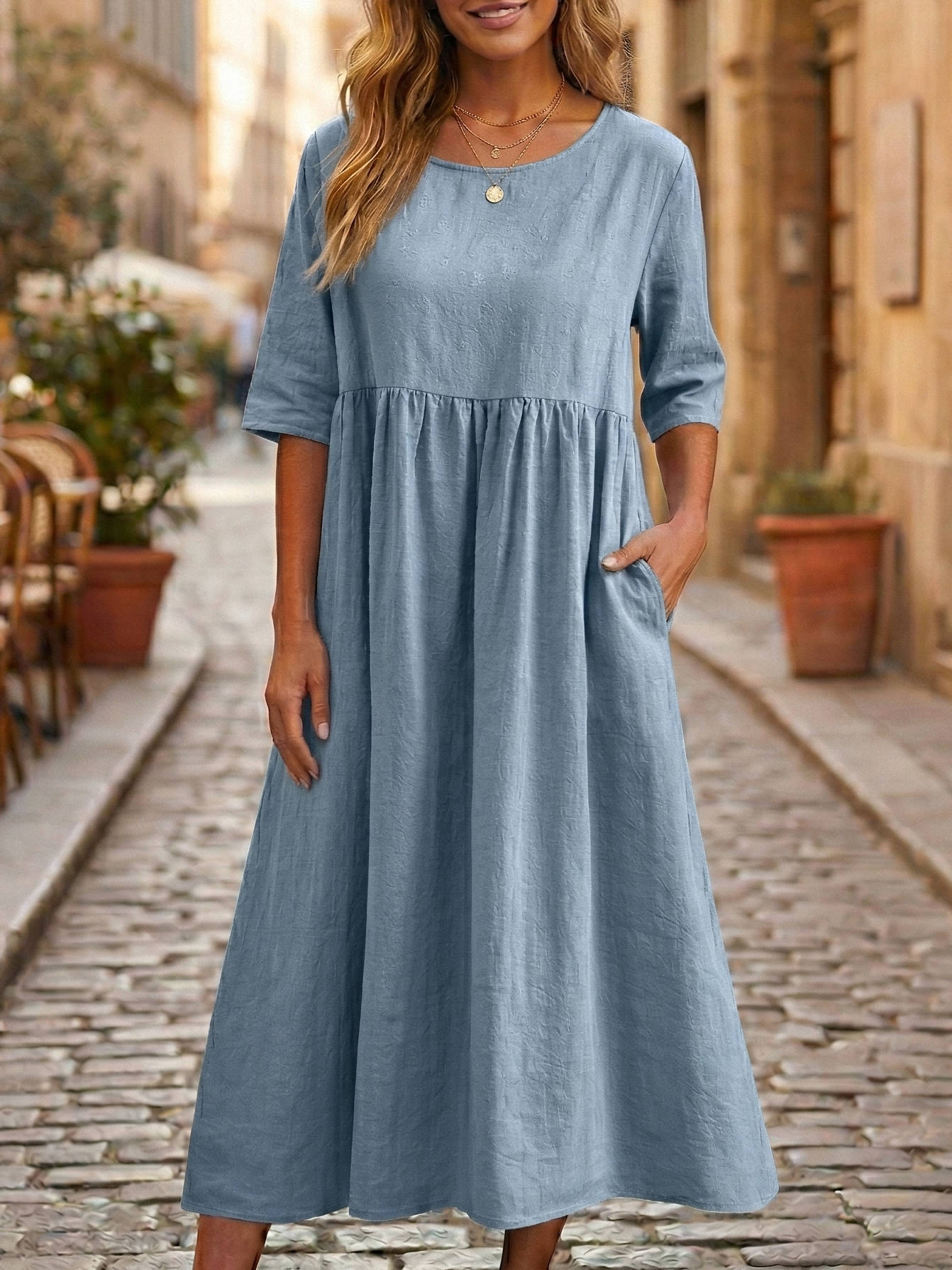 Linen A-Line Midi Dress with Three Quarter Sleeves and Side Pockets