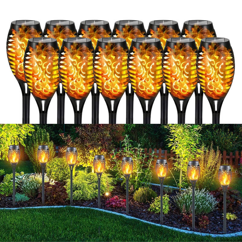 Solar Tiki Torch Lights with Flickering Flame Effect and Auto Sensor, 12 Pack