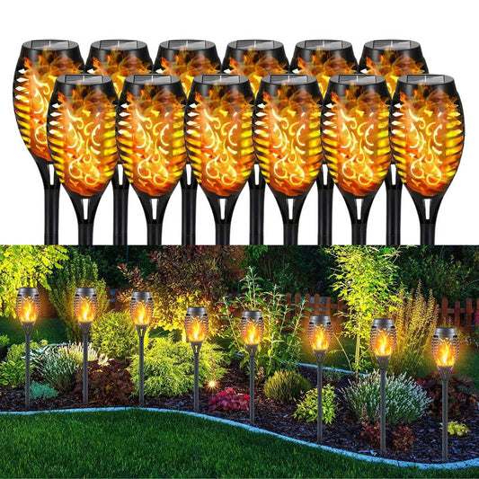 Solar Tiki Torch Lights with Flickering Flame Effect and Auto Sensor, 12 Pack