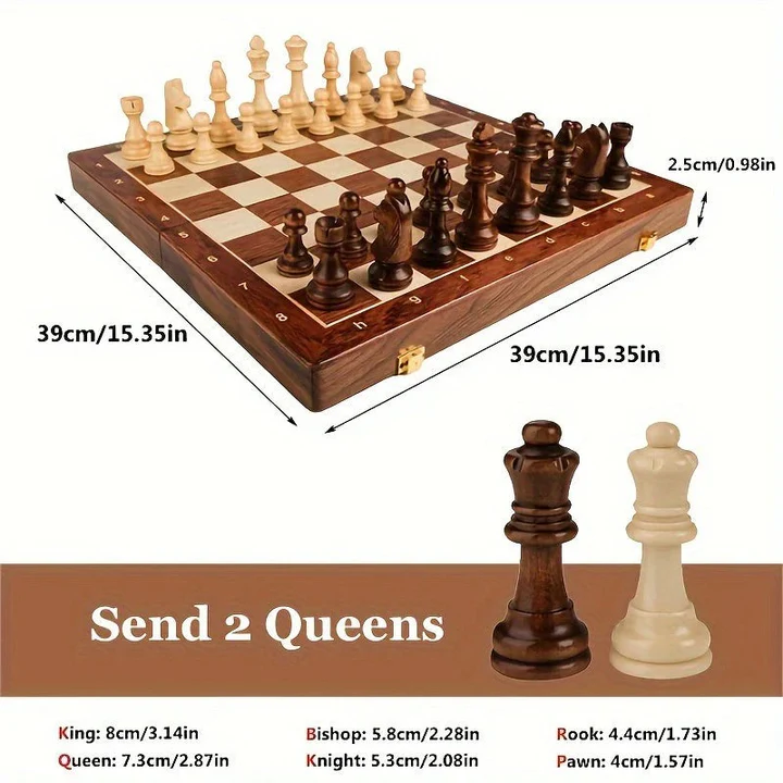 Magnetic Folding Chess Set with Hand-Carved Wood Pieces and Internal Storage, 15 Inch Board