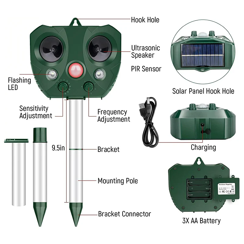 Ultrasonic Bird Repeller with Solar Charging and LED Flashes, 110 Degree Coverage