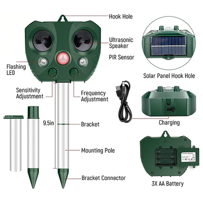 Ultrasonic Bird Repeller with Solar Charging and LED Flashes, 110 Degree Coverage