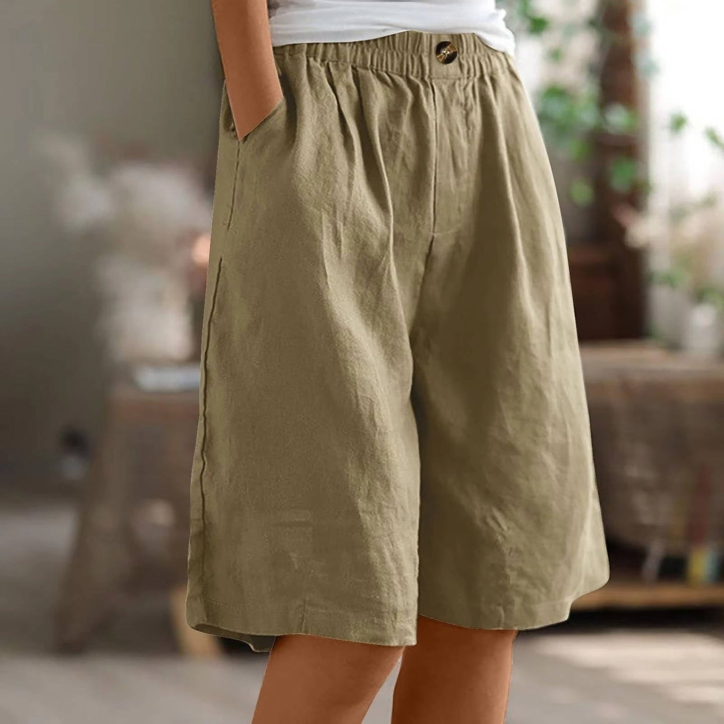 Women's Bermuda Shorts with Linen Cotton Blend and Deep Pockets