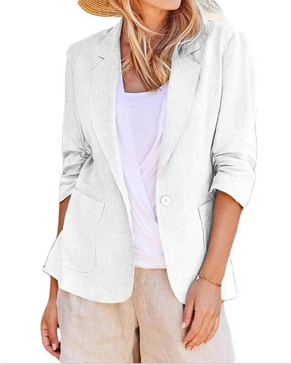 Fully Lined Linen Summer Blazer with Single Button Closure and Pockets