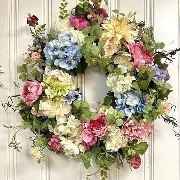 Artificial Hydrangea Wreath with Rainbow Blooms and Weather Resistant Materials