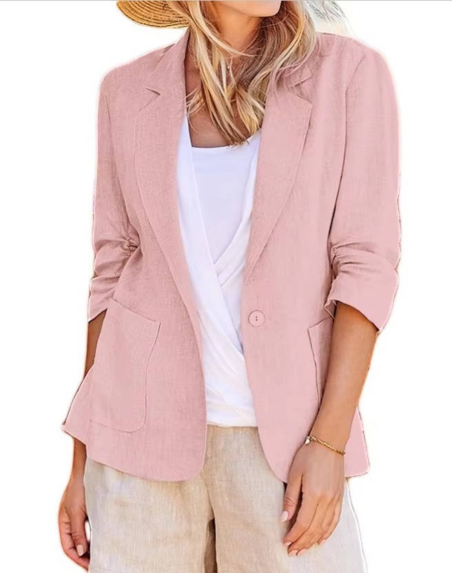 Fully Lined Linen Summer Blazer with Single Button Closure and Pockets