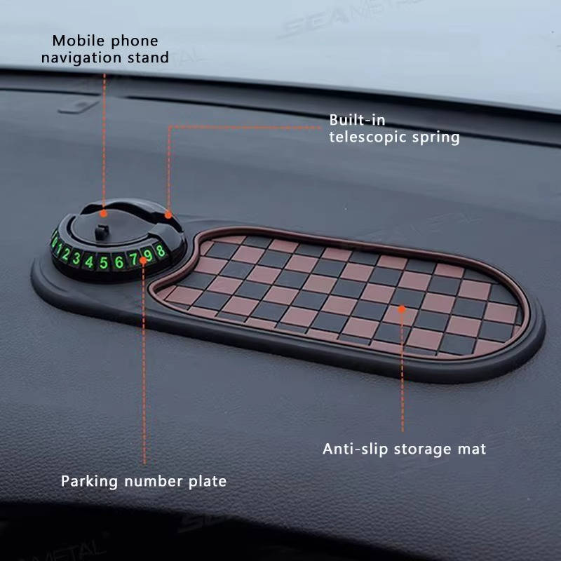 Dashboard Car Phone Mount with Telescopic Spring Grip and Storage Compartments
