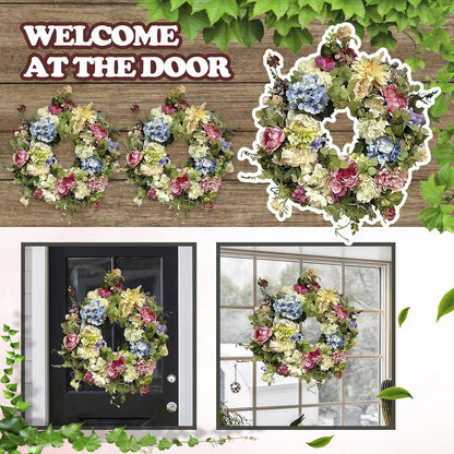 Artificial Hydrangea Wreath with Rainbow Blooms and Weather Resistant Materials