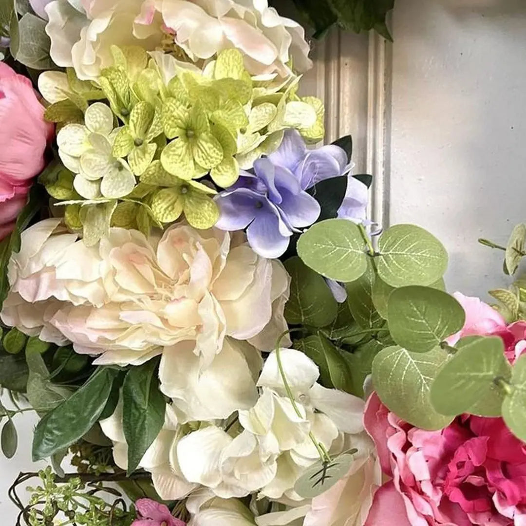 Artificial Hydrangea Wreath with Rainbow Blooms and Weather Resistant Materials