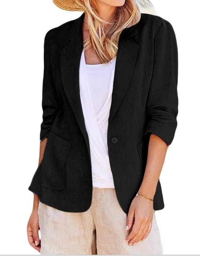 Fully Lined Linen Summer Blazer with Single Button Closure and Pockets