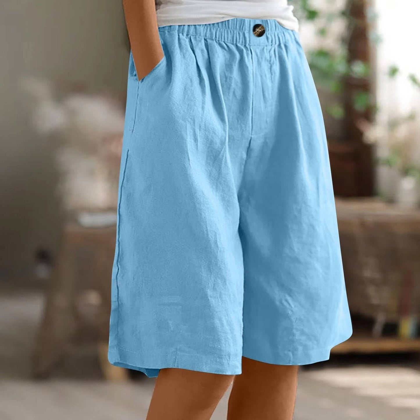 Women's Bermuda Shorts with Linen Cotton Blend and Deep Pockets