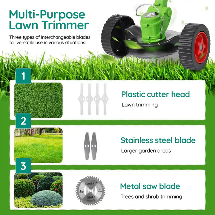 Cordless Grass Trimmer with Dual Blade System and Adjustable Handle, 40 Minute Runtime