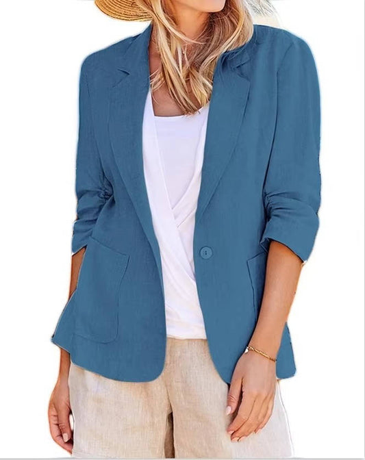 Fully Lined Linen Summer Blazer with Single Button Closure and Pockets