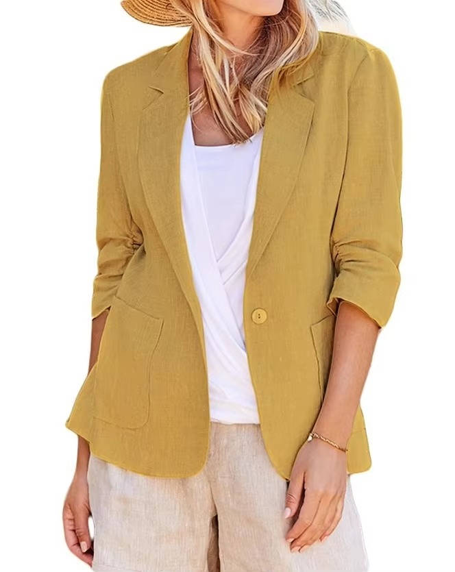 Fully Lined Linen Summer Blazer with Single Button Closure and Pockets