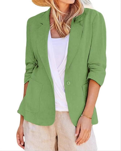 Fully Lined Linen Summer Blazer with Single Button Closure and Pockets