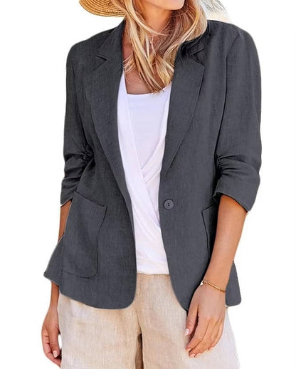 Fully Lined Linen Summer Blazer with Single Button Closure and Pockets