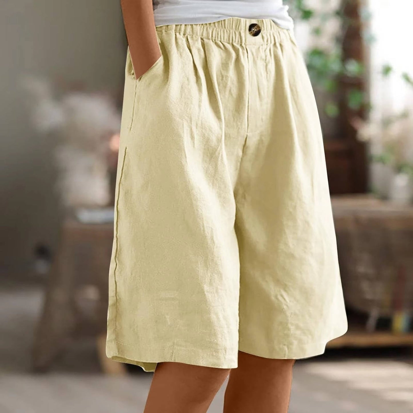 Women's Bermuda Shorts with Linen Cotton Blend and Deep Pockets