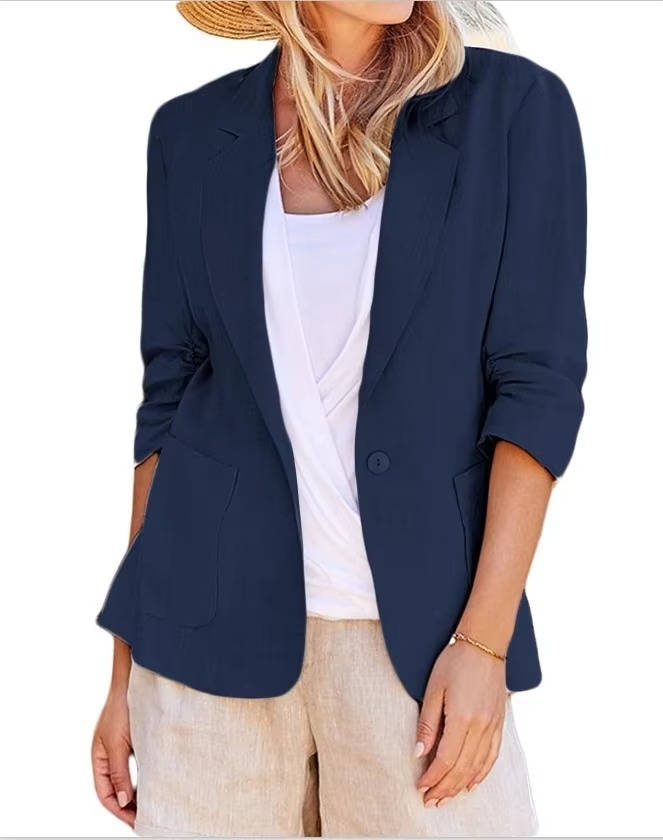 Fully Lined Linen Summer Blazer with Single Button Closure and Pockets