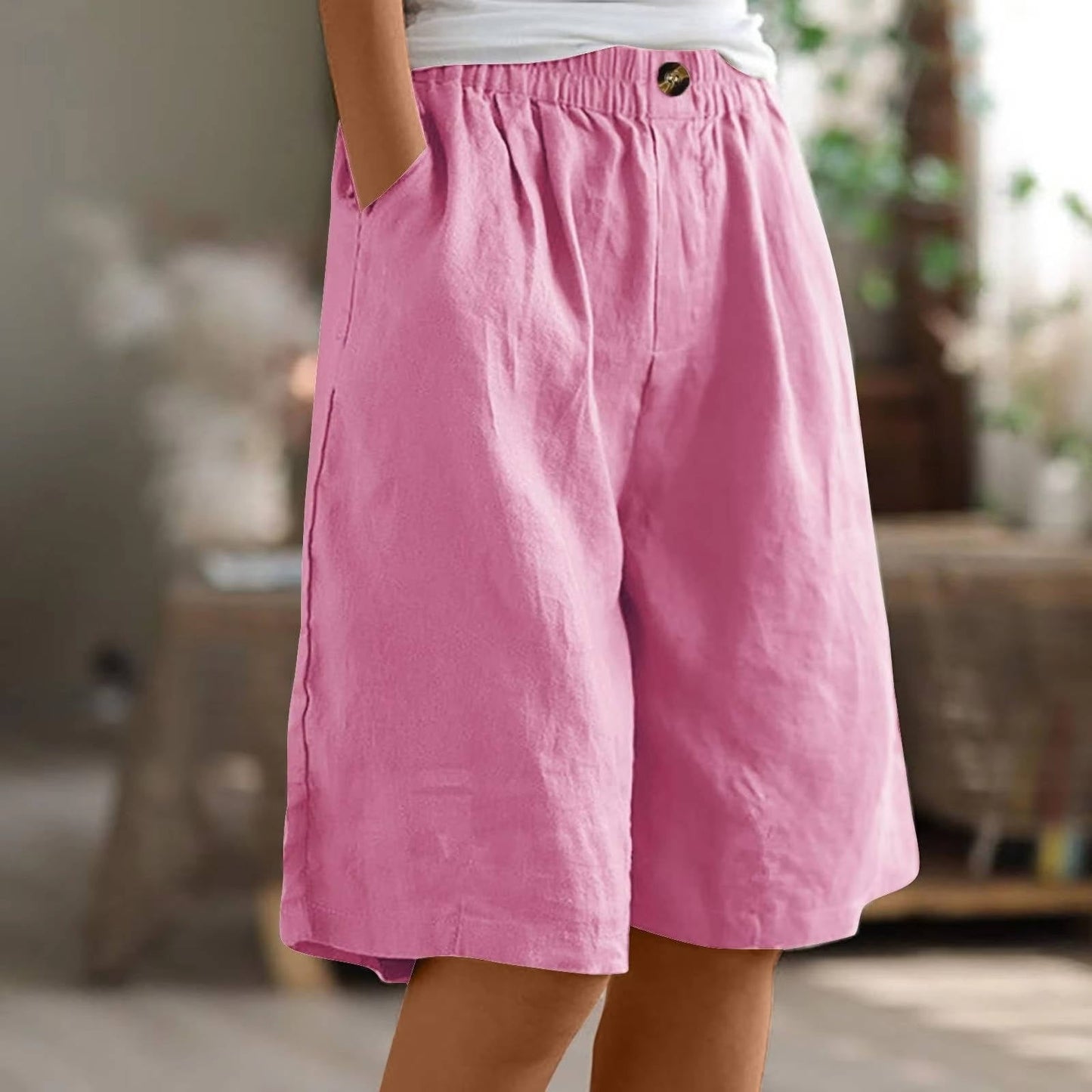 Women's Bermuda Shorts with Linen Cotton Blend and Deep Pockets