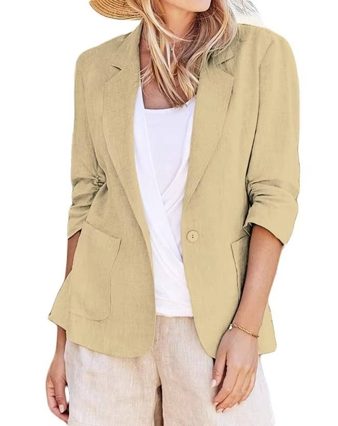 Fully Lined Linen Summer Blazer with Single Button Closure and Pockets