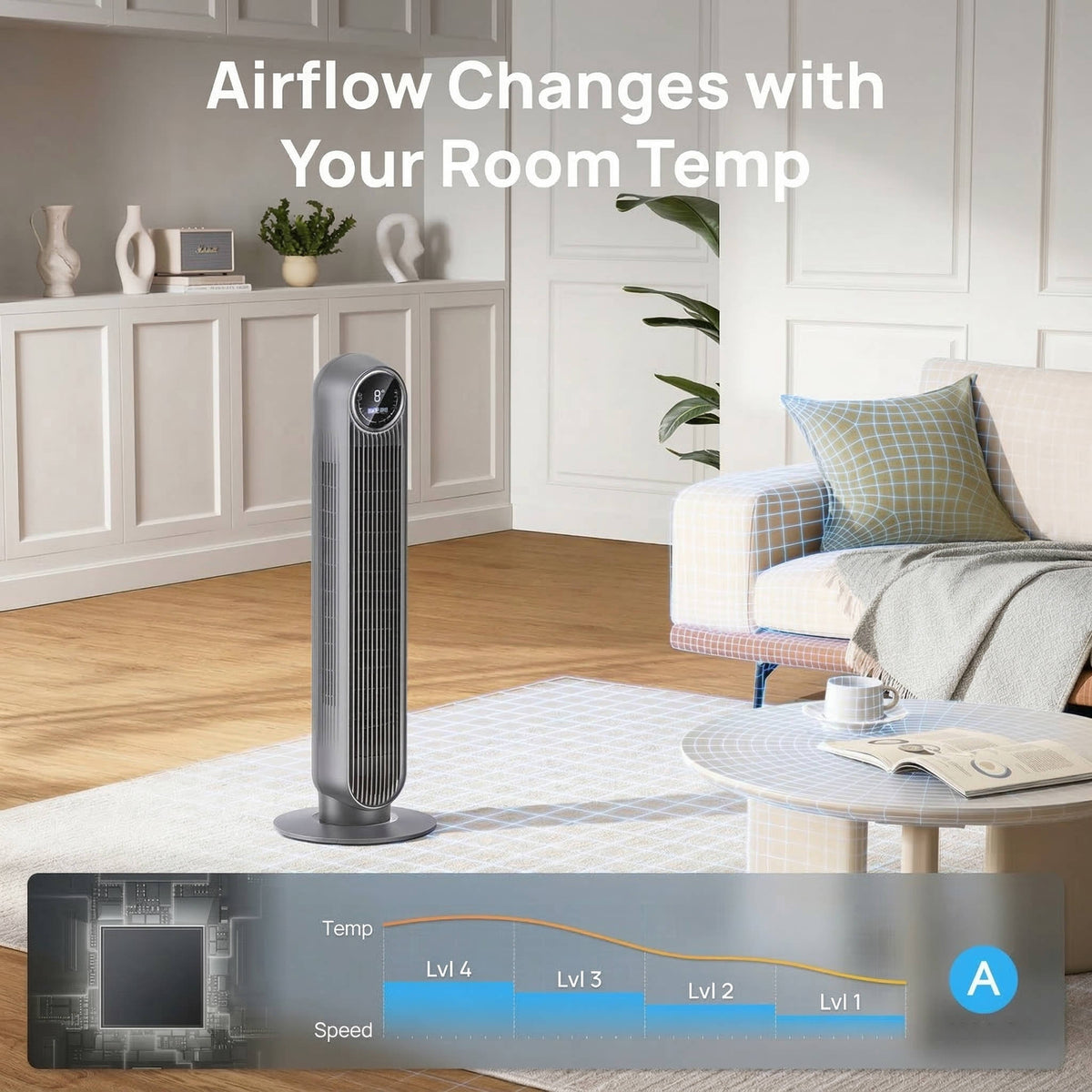 Quiet Tower Fan with 8 Speed Settings and 90 Degree Oscillation for Home and Office