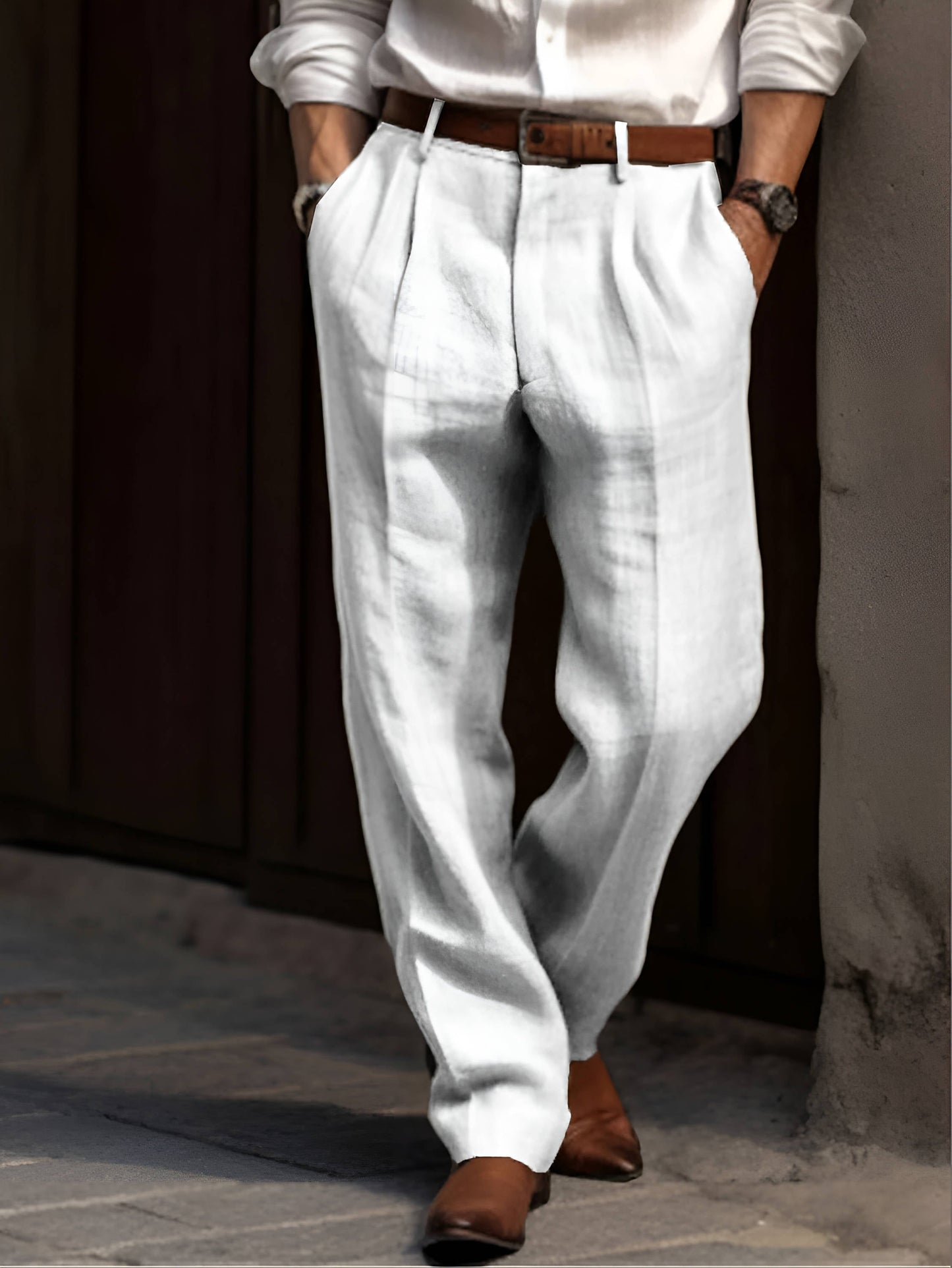 Men's Cotton Linen Blend Pants with Pleated Front and Elastic Waist