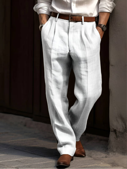 Men's Cotton Linen Blend Pants with Pleated Front and Elastic Waist