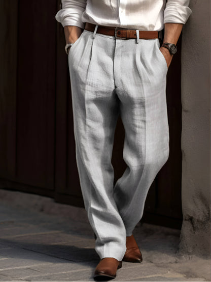 Men's Cotton Linen Blend Pants with Pleated Front and Elastic Waist
