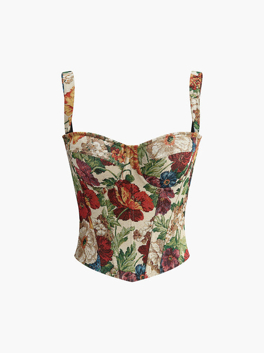 Sleeveless Crop Top with Adjustable Straps and Print Design, Low Cut Neckline